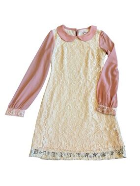 Altar'd State Cream Lace Shift Mini Dress Mauve Trim Collar Size Small Women's